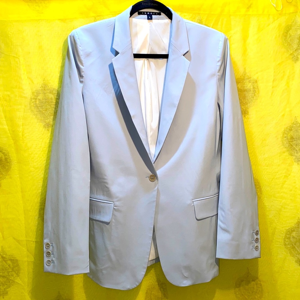 THEORY PALE BLUE ONE-BUTTON BLAZER SZ L LINED FLAP/WELT POCKETS